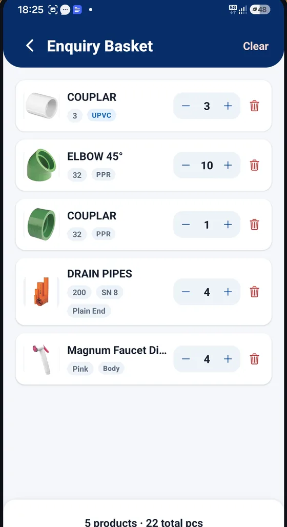 Enquiry list in the Hrivika Catalog app