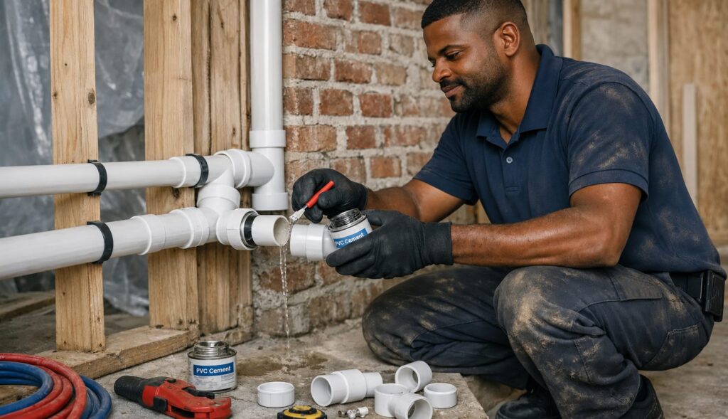 Plumber applying solvent cement to a uPVC pipe joint